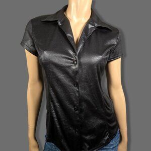 Vintage 90s Black Shiny button Up Shirt Blouse size M Short Sleeve Gothic Grunge